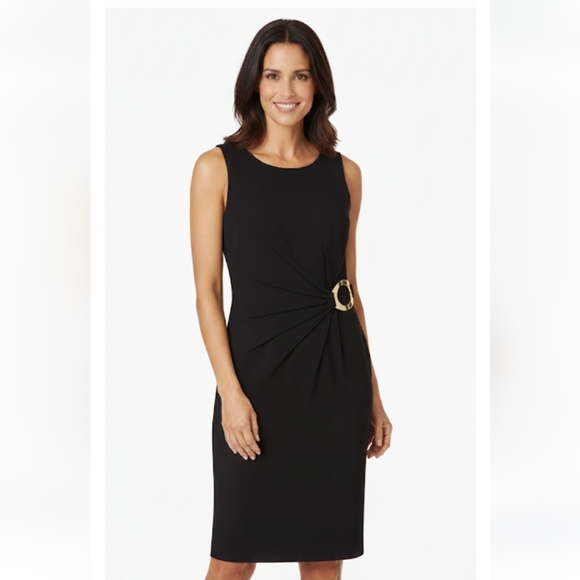 Calvin Klein Dresses & Skirts - Calvin Klein Side-Ruched‎ Gold Accent Buckle Black Sheath Dress Size 8
